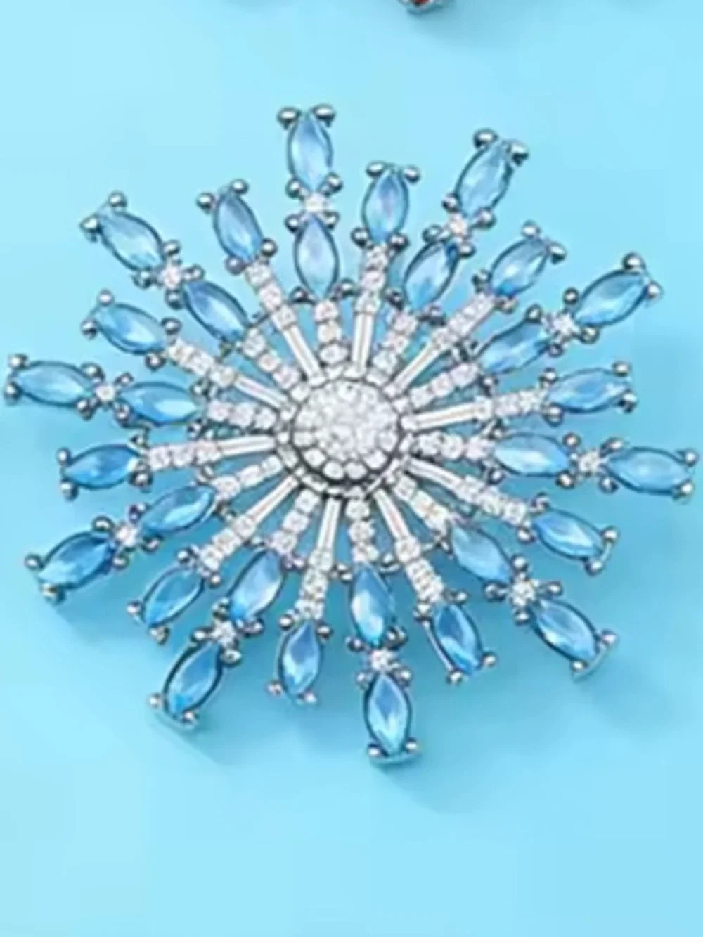 Silver Blue Crystal Starburst Brooch